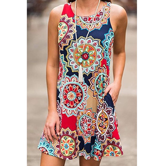 Dresses & Skirts - Boho Geometric Floral Sundress with Pockets